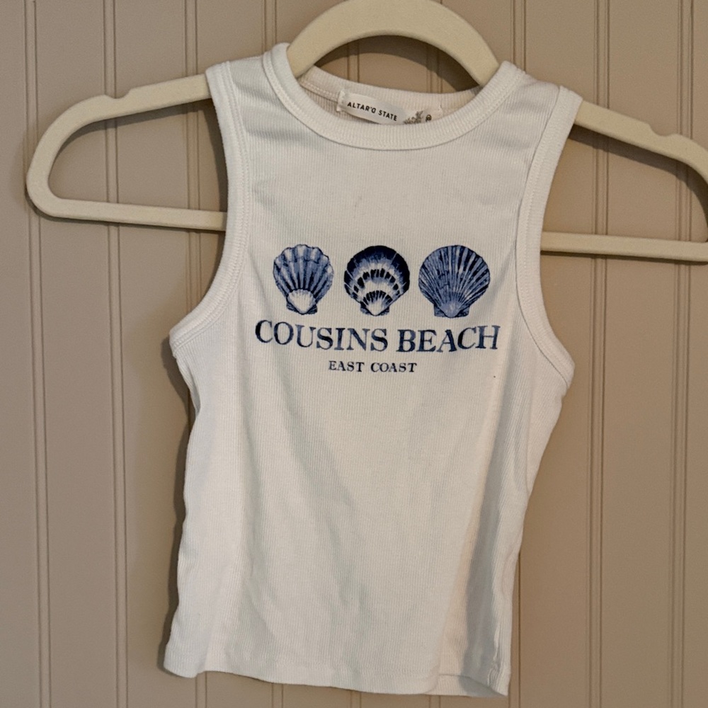Altar'd State White Ribbed Tank with Blue Seashells